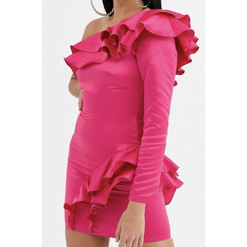 Flounce London Women's Mini Cocktail Dress One Shoulder Ruffle Hot Pink Size 4